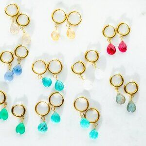 Waterproof Gemstone Earrings Labradorite Gold Huggies w/ gemstone dangle CUTE